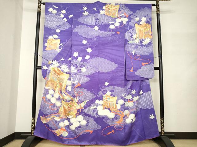 平和屋着物●豪華振袖 駒刺繍 御所車花文 正絹 逸品 AABM4289ck