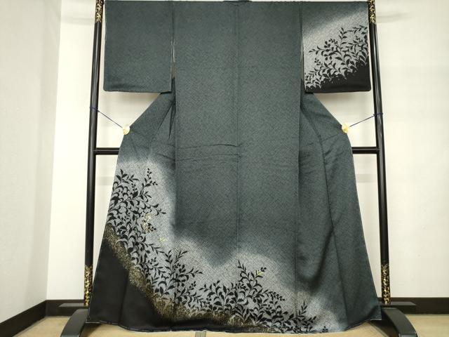 平和屋着物●訪問着 刺繍 鹿の子花唐草文 暈し染め 黒地 金銀糸 金彩 正絹 逸品 AABM4295ck