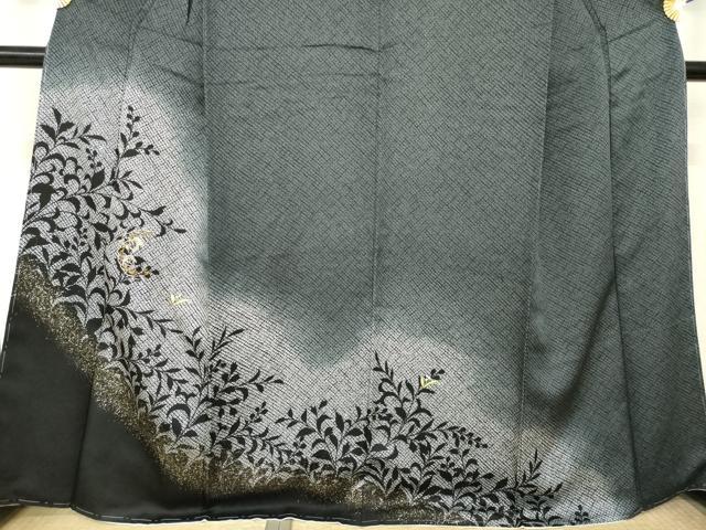 平和屋着物●訪問着 刺繍 鹿の子花唐草文 暈し染め 黒地 金銀糸 金彩 正絹 逸品 AABM4295ck