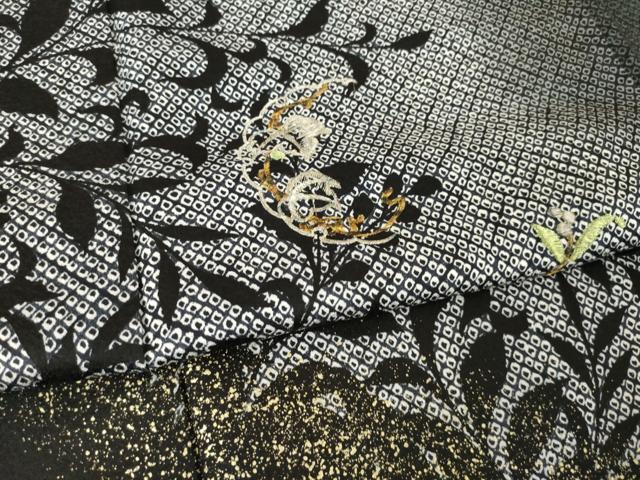 平和屋着物●訪問着 刺繍 鹿の子花唐草文 暈し染め 黒地 金銀糸 金彩 正絹 逸品 AABM4295ck