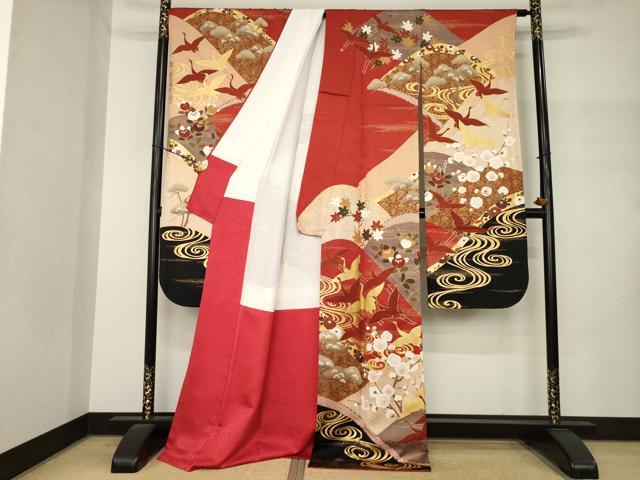 平和屋着物●豪華振袖 駒刺繍 遠山飛鶴文 金彩 正絹 逸品 AABM4301ck