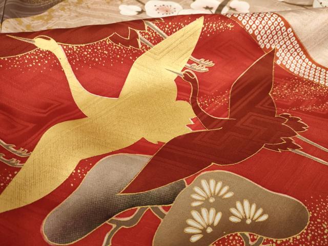 平和屋着物●豪華振袖 駒刺繍 遠山飛鶴文 金彩 正絹 逸品 AABM4301ck