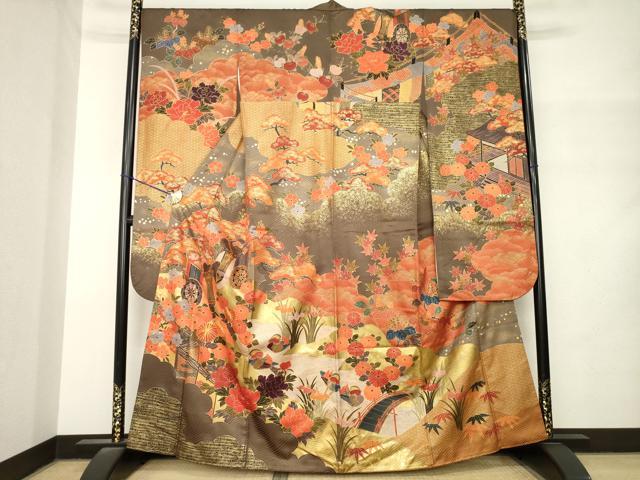 平和屋着物●豪華振袖 駒刺繍 御所車鴛鴦花文 正絹 逸品 AABM4304ck