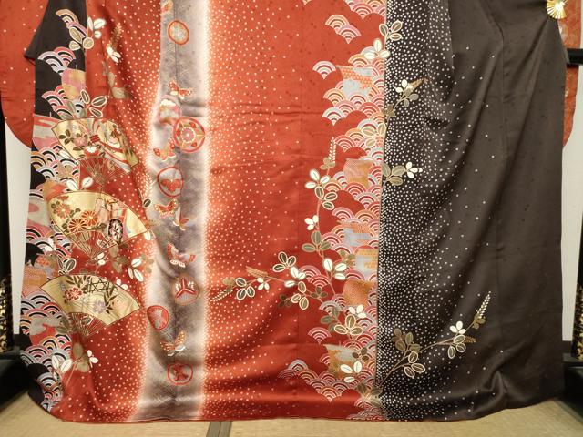 平和屋着物●豪華振袖 駒刺繍 扇面花蝶間道 ロング丈 正絹 逸品 AABM4305ck