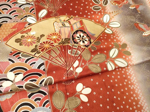 平和屋着物●豪華振袖 駒刺繍 扇面花蝶間道 ロング丈 正絹 逸品 AABM4305ck