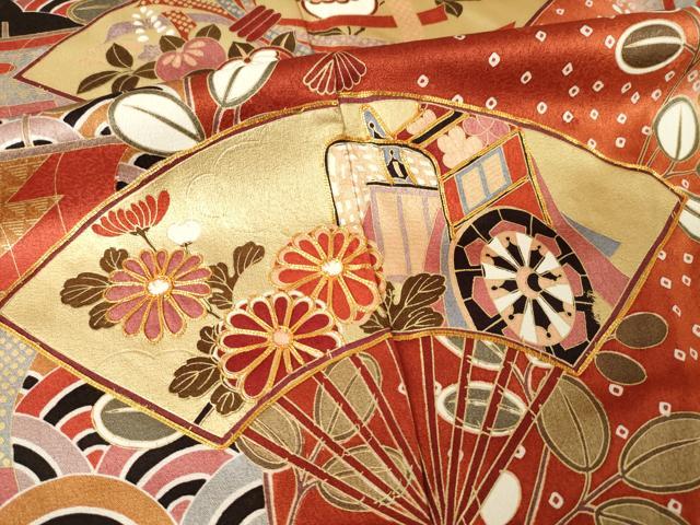 平和屋着物●豪華振袖 駒刺繍 扇面花蝶間道 ロング丈 正絹 逸品 AABM4305ck