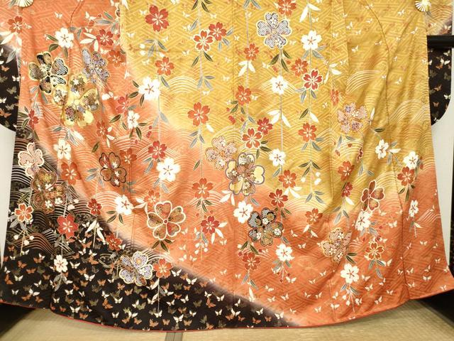 平和屋着物●豪華振袖 駒刺繍 舞花文 暈し染め 金彩 正絹 逸品 AABM4309ck
