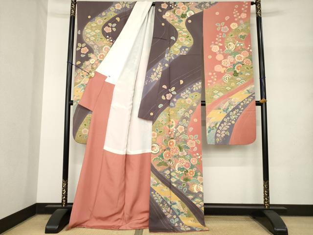 平和屋着物●豪華振袖 作家物 駒刺繍 流水花文 ロング丈 正絹 逸品 AABM4312ck