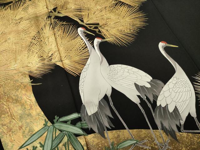 平和屋着物●金彩友禅作家 金彩の魔術師 堀省平 金煌織 黒留袖 群れ鶴花文 金彩 正絹 逸品 AABM4324ck
