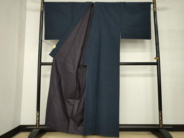 平和屋着物●男性 紬 アンサンブル 色無地 藍鉄色 正絹 逸品 AABM4328ck