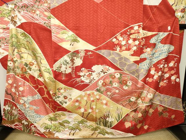 平和屋着物●十日町老舗ブランド 吉澤友禅 吾妻徳穂 振袖 駒刺繍 遠山花文 正絹 逸品 AABM4332ck