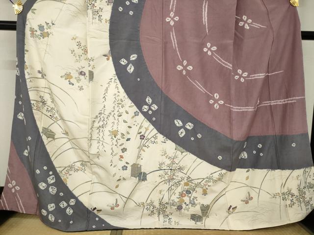 平和屋着物●訪問着 紬地 絞り 草花文 正絹 逸品 AABM4334ck