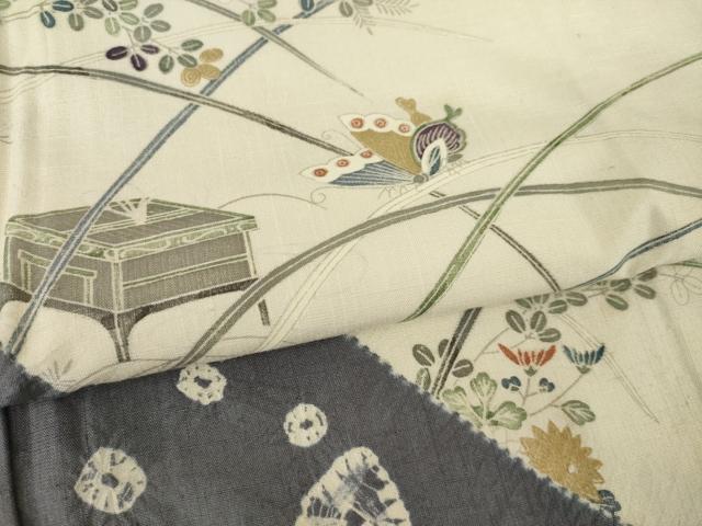平和屋着物●訪問着 紬地 絞り 草花文 正絹 逸品 AABM4334ck