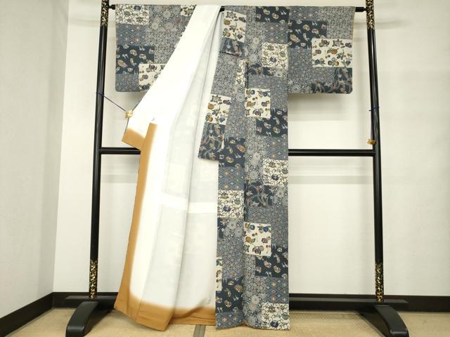 平和屋着物●剣持晃玄 小紋 江戸草木型絵染 色紙重ね花文 正絹 逸品 AABM4337ck