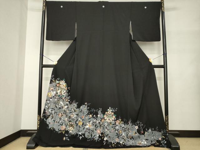 平和屋着物●中国三大刺繍 汕頭刺繍 スワトウ刺繍 総刺繍 黒留袖 向い鳥花文 金糸 ロング丈 正絹 逸品 AABM4351ck