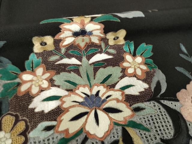 平和屋着物●中国三大刺繍 汕頭刺繍 スワトウ刺繍 総刺繍 黒留袖 向い鳥花文 金糸 ロング丈 正絹 逸品 AABM4351ck