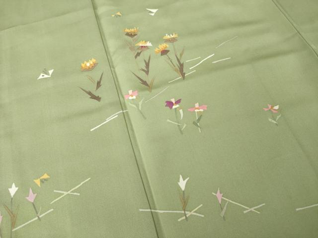 平和屋着物●訪問着 刺繍 花蝶文 金糸 正絹 逸品 AABM4393ck