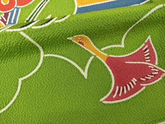 平和屋着物●上質な小紋 型染め 飛鶴花文 鬼しぼ縮緬 ロング丈 正絹 逸品 AABM4397ck
