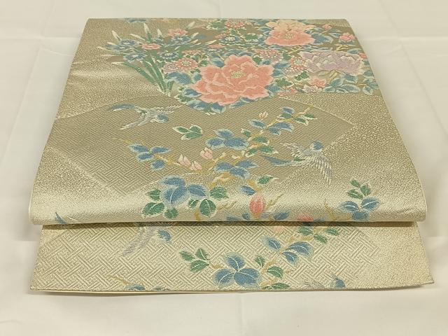 平和屋着物◎六通柄袋帯 唐織 花鳥文 銀糸 正絹 逸品 AABM4419dk