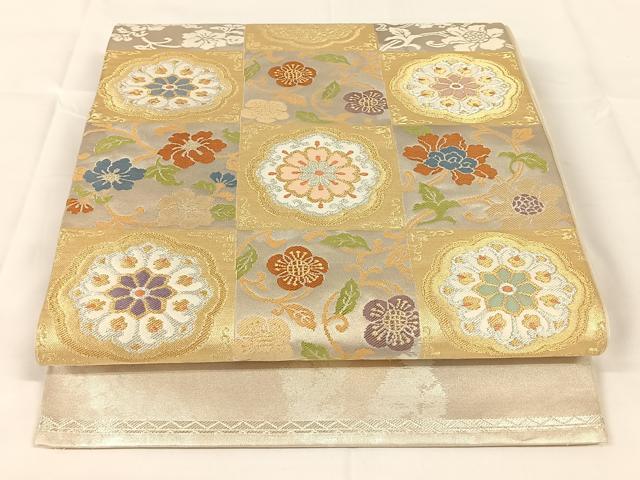 平和屋着物◎太鼓柄 本袋帯 市松花文 金銀糸 引箔 正絹 逸品 AABM4440dk
