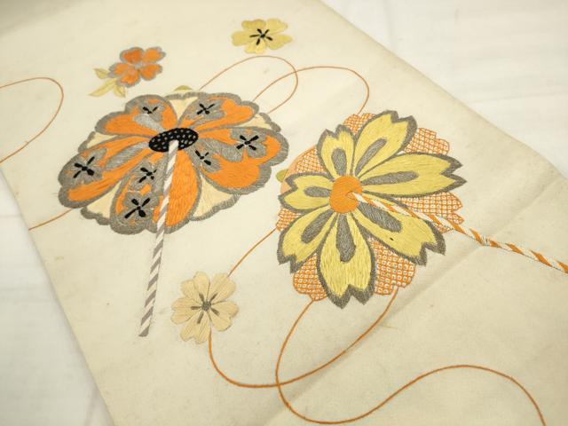 平和屋着物●アンティーク 大正ロマン 丸帯 総刺繍 舞花文 銀糸 正絹 逸品 AABM4605pf