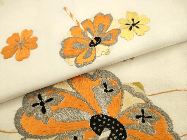 平和屋着物●アンティーク 大正ロマン 丸帯 総刺繍 舞花文 銀糸 正絹 逸品 AABM4605pf