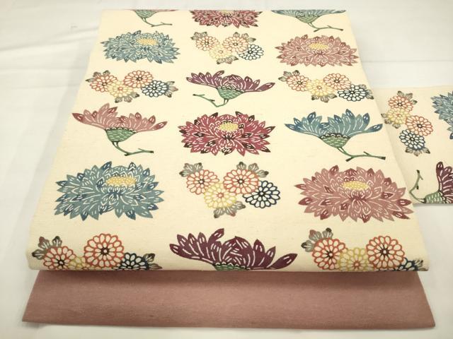 平和屋着物●九寸名古屋帯 紬地 型染め 草花文 正絹 逸品 AABM4627pf