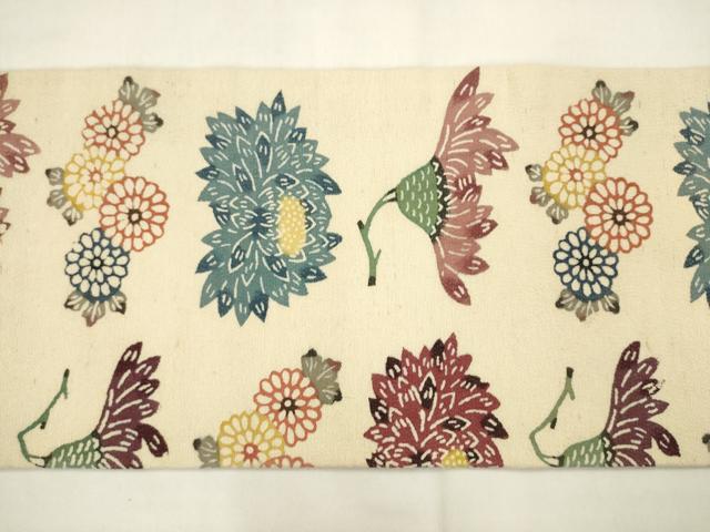 平和屋着物●九寸名古屋帯 紬地 型染め 草花文 正絹 逸品 AABM4627pf