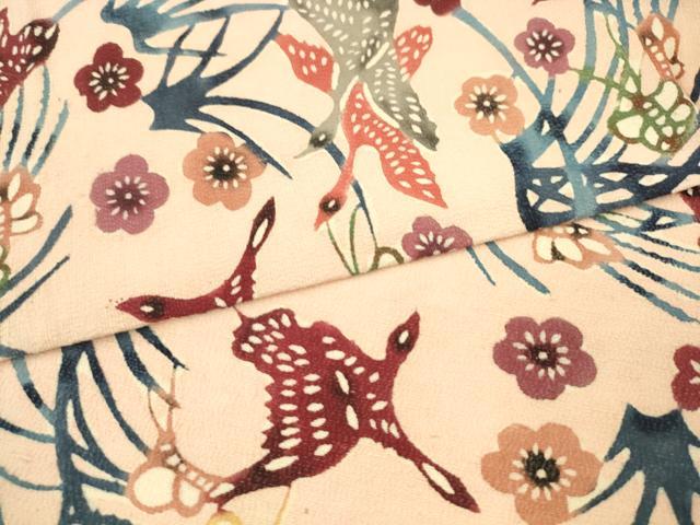 平和屋着物●九寸名古屋帯 紬地 紅型 花鳥文 正絹 逸品 AABM4628pf
