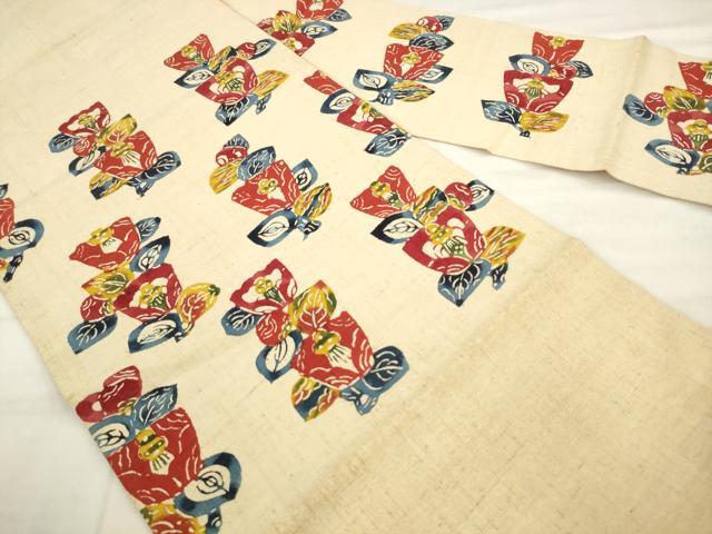 平和屋着物●型絵染作家 小島悳次郎 九寸名古屋帯 紬地 型染め 草花文 正絹 逸品 AABM4638pf
