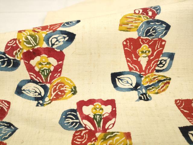 平和屋着物●型絵染作家 小島悳次郎 九寸名古屋帯 紬地 型染め 草花文 正絹 逸品 AABM4638pf