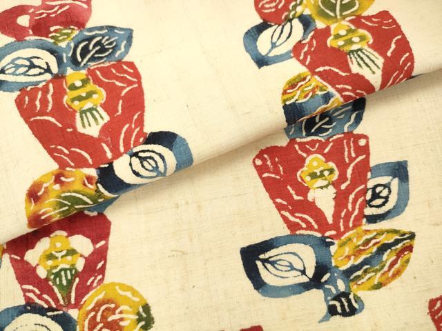 平和屋着物●型絵染作家 小島悳次郎 九寸名古屋帯 紬地 型染め 草花文 正絹 逸品 AABM4638pf