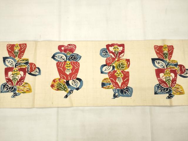 平和屋着物●型絵染作家 小島悳次郎 九寸名古屋帯 紬地 型染め 草花文 正絹 逸品 AABM4638pf