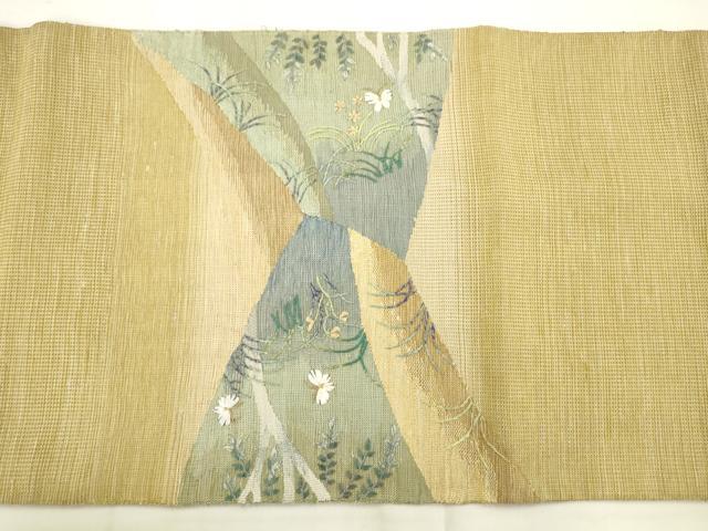 平和屋着物●太鼓柄袋帯 総刺繍 風景花蝶文 正絹 逸品 AABM4654pf