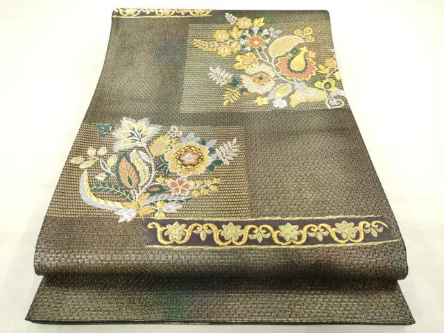 平和屋着物●染色作家 草野一騎 六通柄袋帯 草花文 金銀糸 正絹 逸品 AABM4655pf