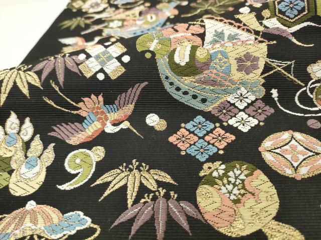 平和屋着物●西陣の老舗 1782年創業 山下織物 六通柄袋帯 唐織 宝来船 黒地 金糸 正絹 逸品 AABM4723pf