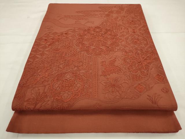 平和屋着物●中国三大刺繍 スワトウ刺繍 汕頭刺繍 総刺繍 太鼓柄袋帯 紬地 鳳凰花文 正絹 逸品 AABM4747pf