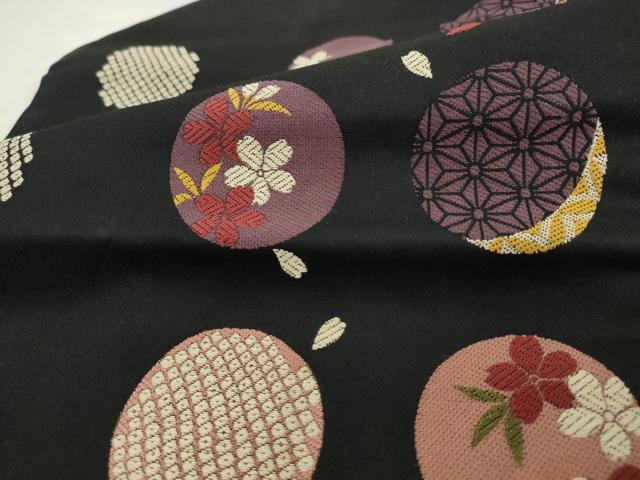 平和屋着物●九寸名古屋帯 吉祥花丸文 黒地 正絹 逸品 AABM4775pf