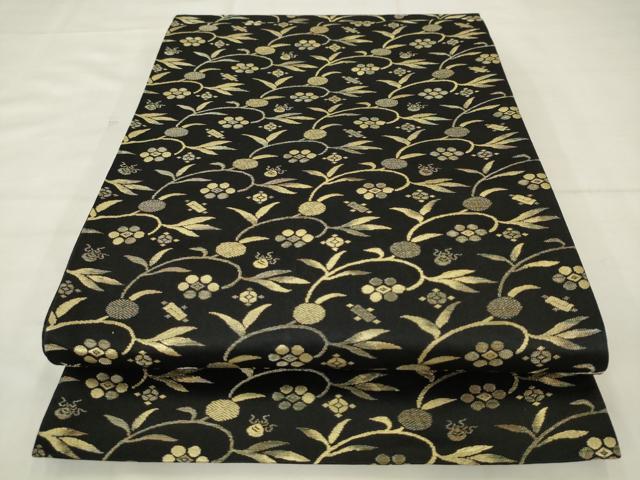 平和屋着物●六通柄京袋帯 笹蔓文 黒地 金糸 正絹 逸品 AABM4785pf