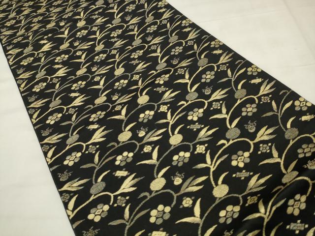 平和屋着物●六通柄京袋帯 笹蔓文 黒地 金糸 正絹 逸品 AABM4785pf