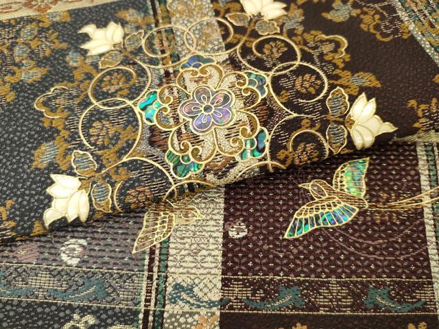 平和屋着物●螺鈿作家 藤本隆士 袋帯 螺鈿 鳳凰花文 正絹 逸品 AABM4791pf