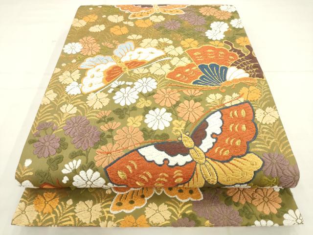 平和屋着物●西陣 河合美術織物謹製 六通柄袋帯 唐織 舞蝶花文 金糸 正絹 逸品 AABM4822pf