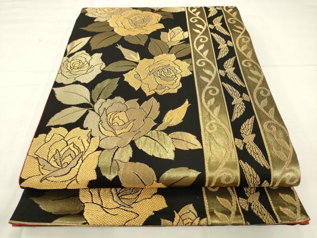 平和屋着物●染色作家 斉藤三才 六通柄袋帯 花鳥間道 黒地 金糸 正絹 逸品 AABM4847pf