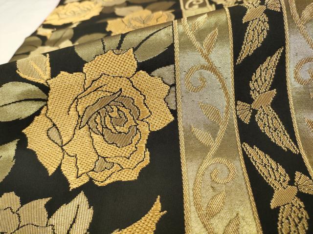 平和屋着物●染色作家 斉藤三才 六通柄袋帯 花鳥間道 黒地 金糸 正絹 逸品 AABM4847pf