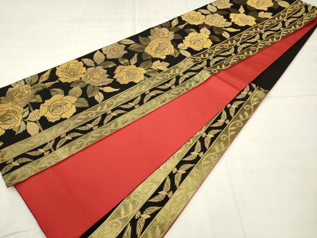 平和屋着物●染色作家 斉藤三才 六通柄袋帯 花鳥間道 黒地 金糸 正絹 逸品 AABM4847pf
