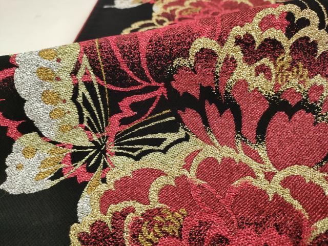 平和屋着物●六通柄袋帯 花蝶文 黒地 金銀糸 正絹 逸品 AABM4856pf