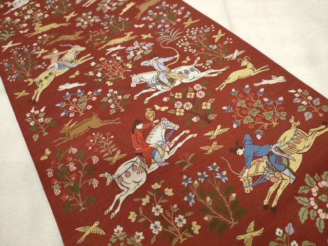 平和屋着物●西陣 川島織物 六通柄 本袋帯 紬地 狩猟文 正絹 逸品 AABM4874pf