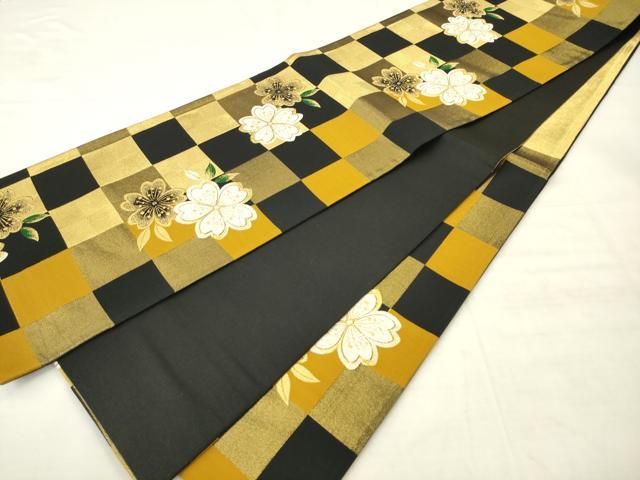 平和屋着物●六通柄袋帯 市松舞桜文 金糸 正絹 逸品 AABM4911pf