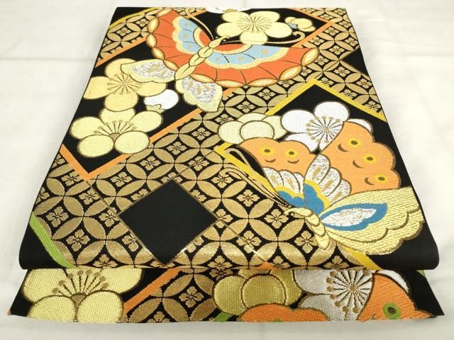 平和屋着物●西陣 川島織物 六通柄 本袋帯 花蝶文 黒地 金銀糸 正絹 逸品 AABM4922pf