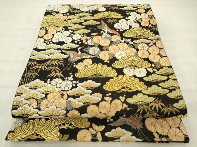 平和屋着物●西陣の名門 本家加納 六通柄袋帯 唐織 飛鶴花文 黒地 正絹 逸品 AABM4933pf
